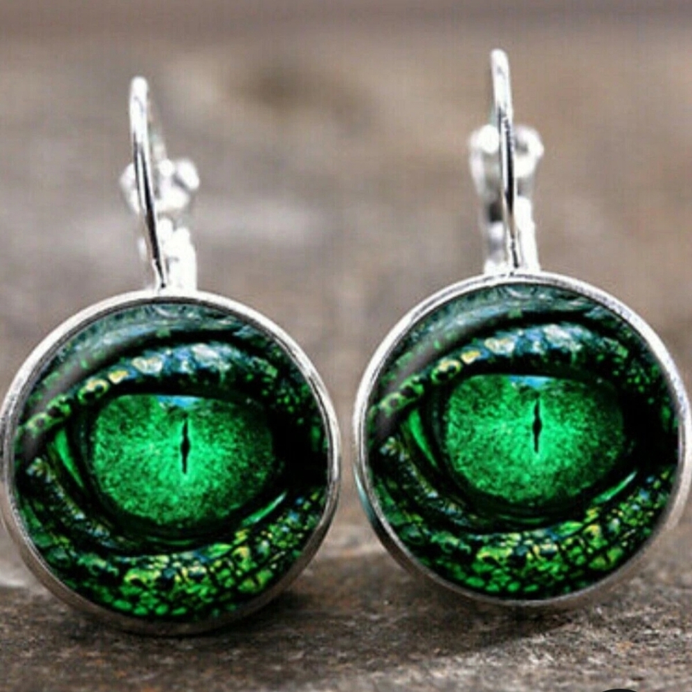 New Dragon Eye Glass Cabochon Silver Lever Back Earrings.